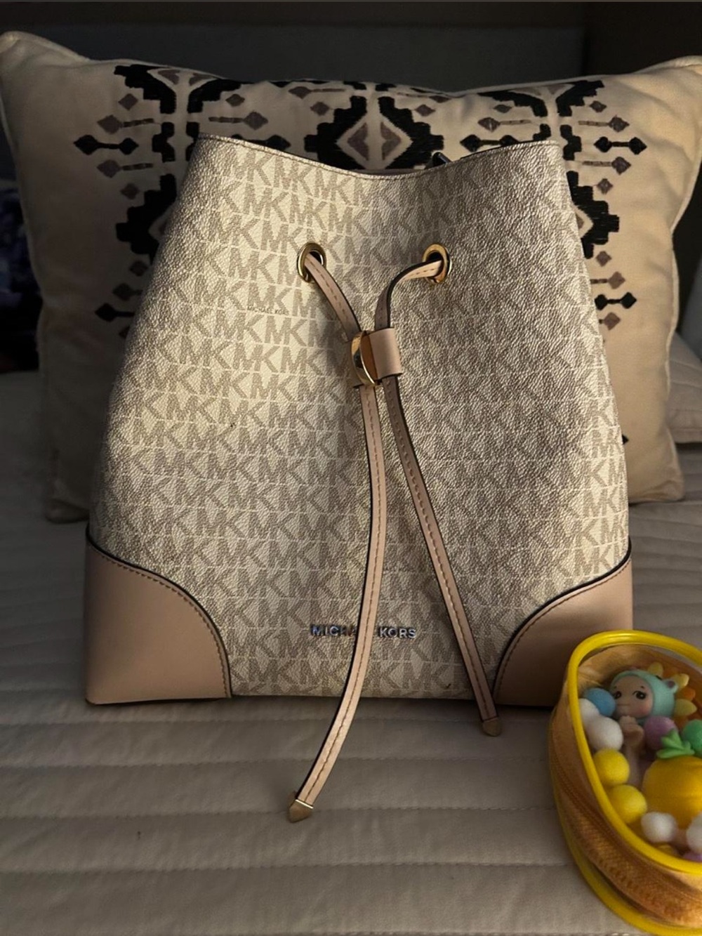 Michael Kors Beige Signature Drawstring Bucket Bag